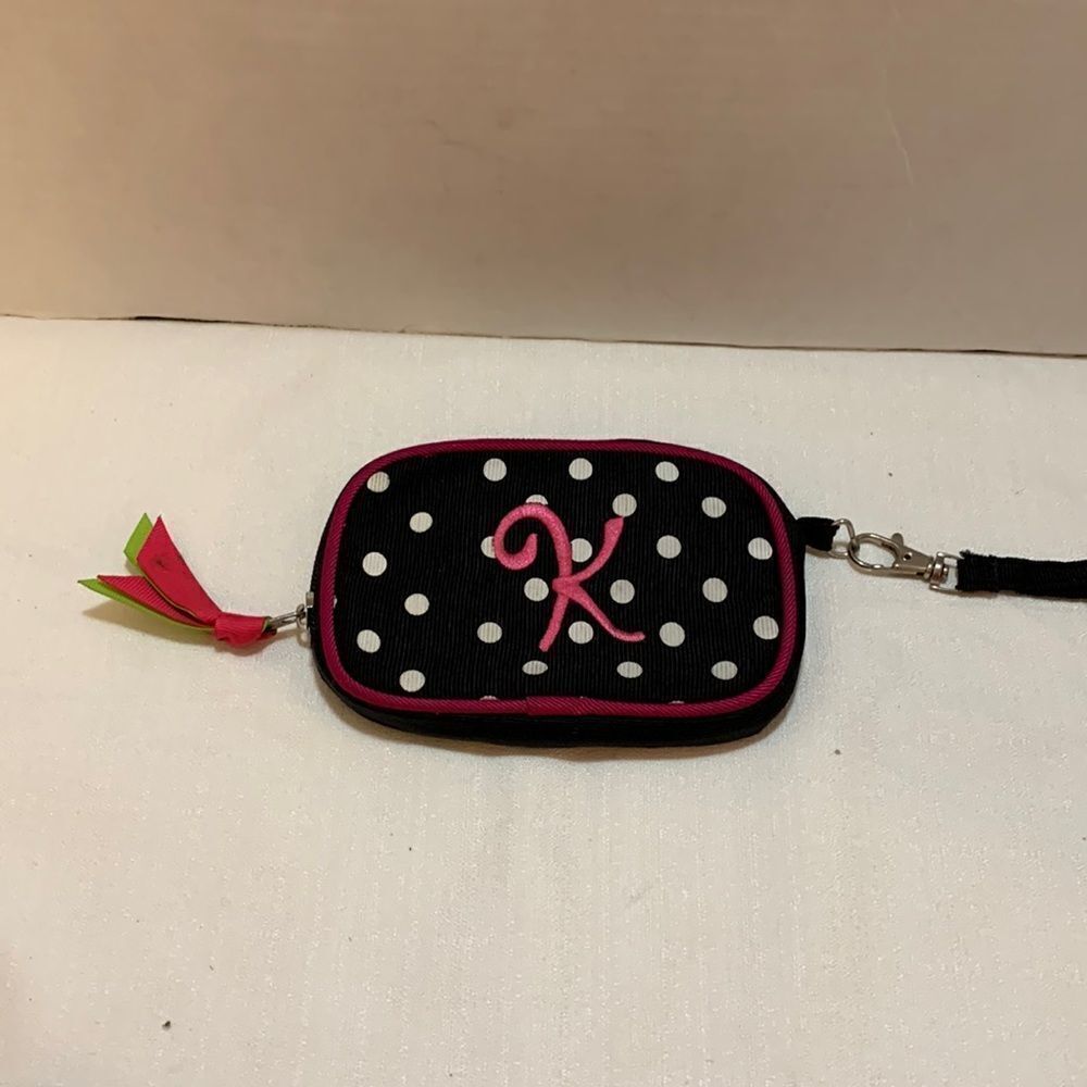 Mud pie black and white polkadot with the initial K in pink